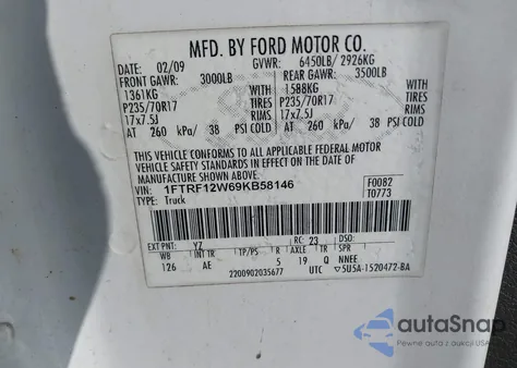 2009 Ford F-150 Stx/Xl/Xlt из США, поврежденный, VIN 1FTRF12W69KB58146